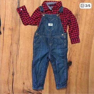 OshKosh B'gosh Blue Denim Overalls and plaid shirt